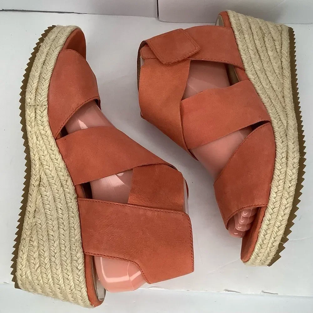 Eileen Fisher Willow Tumbled Orange Leather Wedge Espadrille Women Sandals Sz 9
